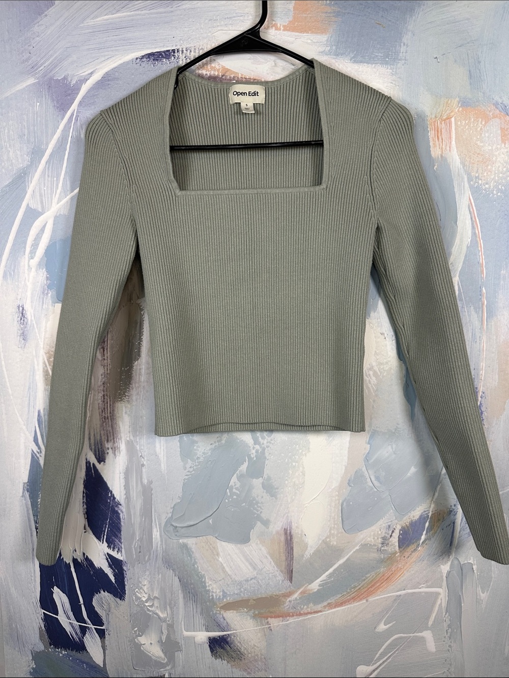 Open Edit Ribbed Square Neck Long Sleeve Top Sage Green S